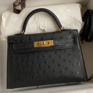 Hermes Kelly Mini II Sellier Handmade Bag In Black Ostrich Leather JM1564bM57