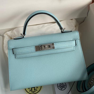 Hermes Kelly Mini II Sellier Handmade Bag In Blue Zephyr Epsom Calfskin JM300kG55