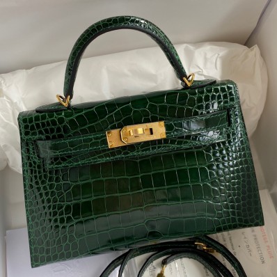 Hermes Kelly Mini II Sellier Handmade Bag In Malachite Shiny Alligator Leather JM1265Lp50