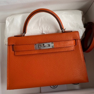 Hermes Kelly Mini II Sellier Handmade Bag In Orange Chevre Mysore Leather JM887pB23