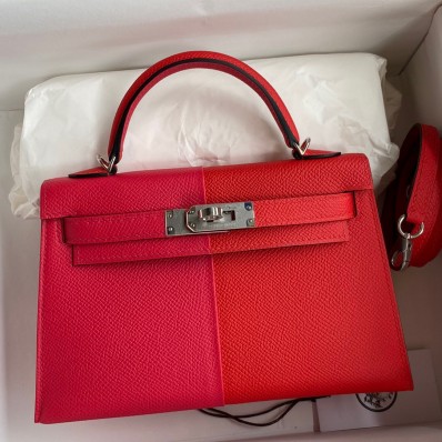 Hermes Kelly Mini II Sellier Tri-color Bag In Red/Rose Extreme/Blue Epsom Calfskin JM1226zZ68