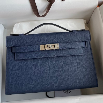 Hermes Kelly Pochette Handmade Bag In Blue Saphir Epsom Calfskin JM417lx53