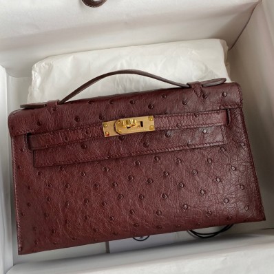 Hermes Kelly Pochette Handmade Bag In Bordeaux Ostrich Leather JM1088vA83