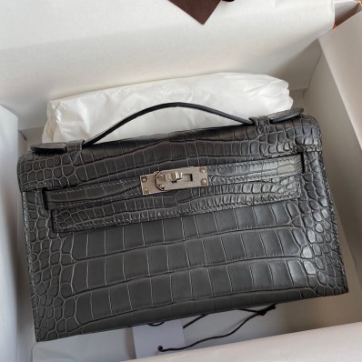 Hermes Kelly Pochette Handmade Bag In Graphite Matte Alligator Leather JM138Hk55
