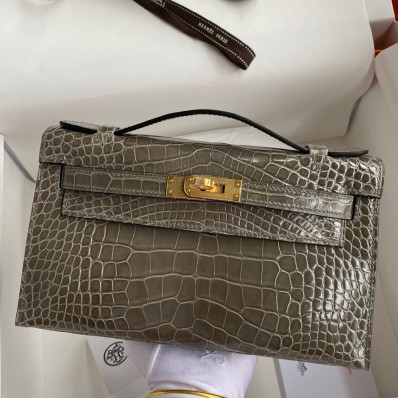 Hermes Kelly Pochette Handmade Bag In Taupe Shiny Alligator Leather JM1353Fo38
