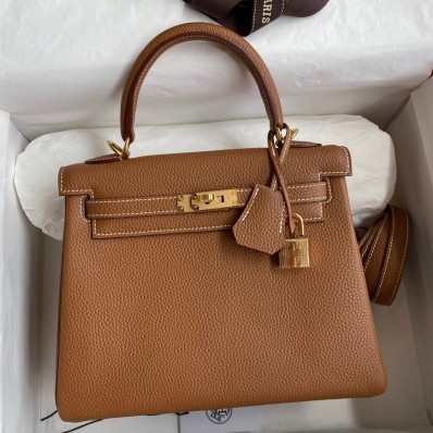 Hermes Kelly Retourne 25 Handmade Bag In Gold Clemence Leather JM757Fo38