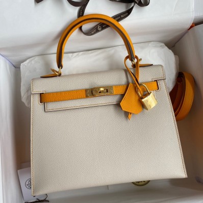 Hermes Kelly Sellier 25 Bicolor Bag in Craie and Yellow Epsom Calfskin JM790vA83