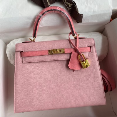 Hermes Kelly Sellier 25 Bicolor Bag in Rose Confetti and Lipstick Mysore Goatskin JM929zN56