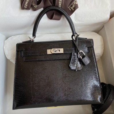 Hermes Kelly Sellier 25 Handmade Bag In Black Lizard Leather JM1596Kd37