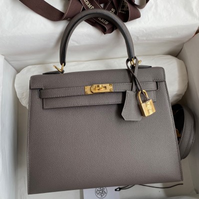 Hermes Kelly Sellier 25 Handmade Bag In Etain Epsom Calfskin JM665OO68