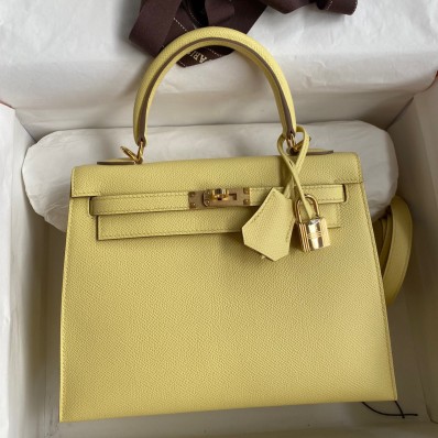 Hermes Kelly Sellier 25 Handmade Bag In Jaune Poussin Epsom Calfskin JM1416jC82