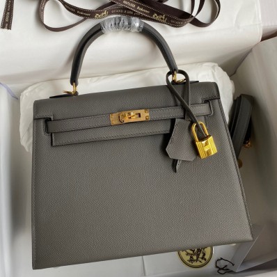 Hermes Kelly Sellier 28 Handmade Bag In Etain Epsom Calfskin JM630zZ68