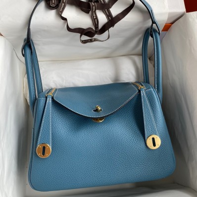 Hermes Lindy 26 Handmade Bag In Blue Jean Clemence Leather JM702Kd37