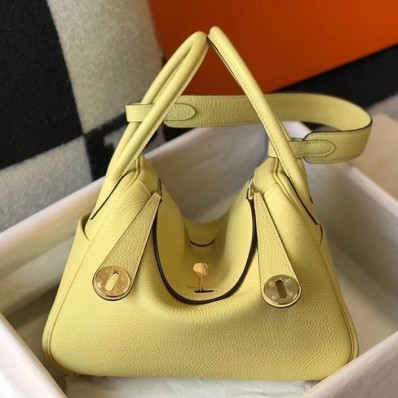 Hermes Lindy 26cm Bag In Jaune Poussin Clemence Leather GHW JM556SP97