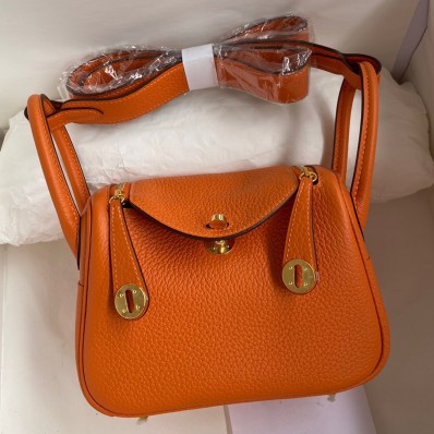 Hermes Mini Lindy Handmade Bag In Orange Clemence Leather JM1019Ao69