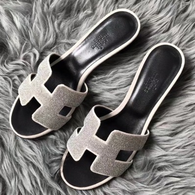 Hermes Oasis Sandals In White Suede with Rhinestone JM1561Wj24