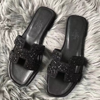 Hermes Oran Sandals In Black Suede With Black Crystal JM1386vA83