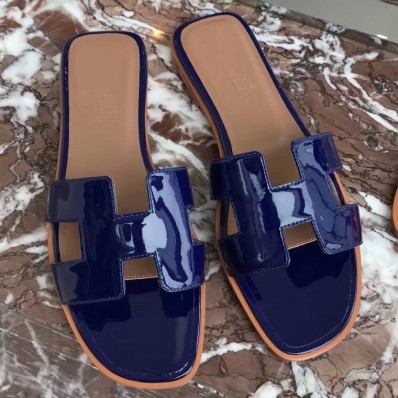 Hermes Oran Sandals In Blue Patent Leather JM1618bT70