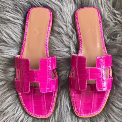 Hermes Oran Sandals In Rose Shiny Niloticus Crocodile JM813KD87
