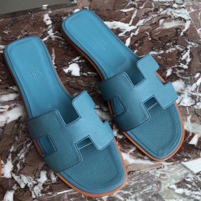 Hermes Oran Slide Sandals In Blue du Nord Epsom Calfskin JM862GY14