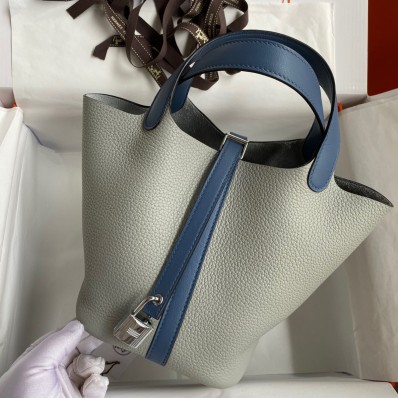 Hermes Picotin Lock 18 Bicolor Handmade Bag in Gris Mouette and Blue Agate Swift Leather JM152QT69