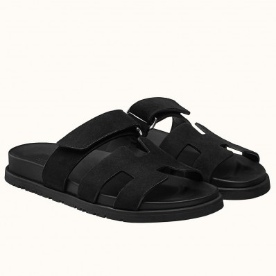 Hermes Women's Chypre Sandals In Black Suede Calfskin JM1822zZ68