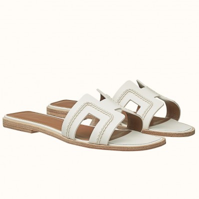 High Imitation Hermes Oran Sandals In White Leather With Stitched Detail JM1456Dd98