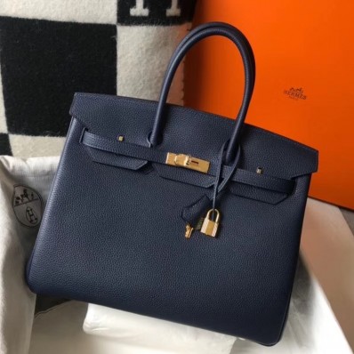 Imitation Hermes Birkin 35cm Bag In Dark Blue Clemence Leather GHW JM982hw36