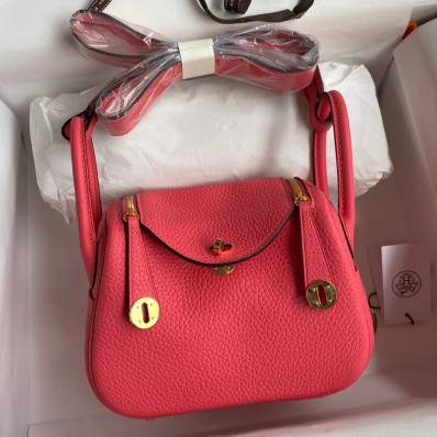 Imitation Hermes Mini Lindy Handmade Bag In Rose Lipstick Clemence Leather JM1454Lv15