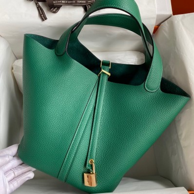 Imitation Hermes Picotin Lock 18 Handmade Bag in Vert Vertigo Clemence Leather JM560Lv15