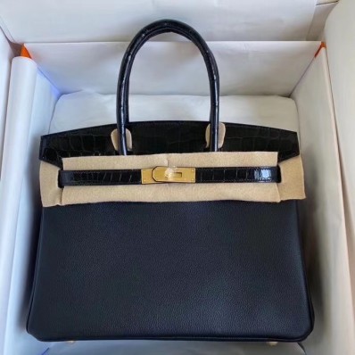 Imitation Hermes Touch Birkin 30 Bag In Black Shiny Niloticus Crocodile Skin JM1568Nj42