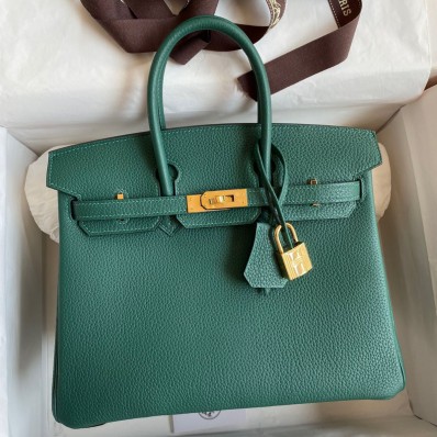 Knockoff Hermes Birkin 25 Handmade Bag In Malachite Clemence Leather JM1324cL56
