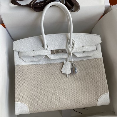 Knockoff Hermes Birkin 35 Handmade Bag In Toile & White Clemence Leather JM101mD64