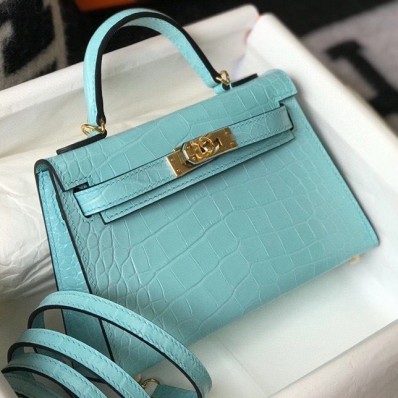 Knockoff Hermes Kelly Mini II Handmade Bag In Blue Atoll Crocodile Embossed Leather JM1555xA12