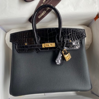 Replica Designer Hermes Touch Birkin 25 Bag in Black Togo and Shiny Alligator Leather JM2076Le42