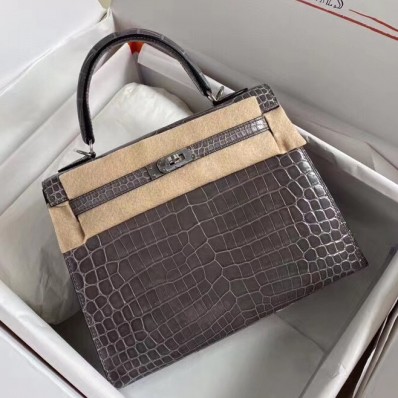 Replica Hermes Kelly Retourne 25 Handmade Bag In Taupe Crocodile Niloticus Shiny Skin JM1371gn30