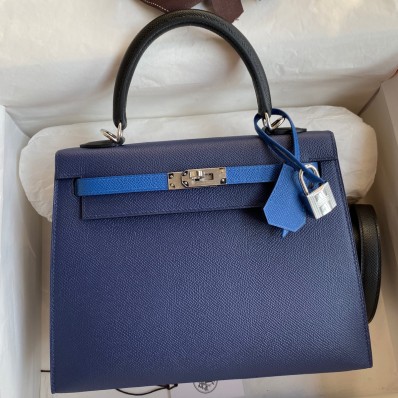Replica Hermes Kelly Sellier 25 Bicolor Bag in Blue Saphir and Blue France Epsom Calfskin JM265mQ18