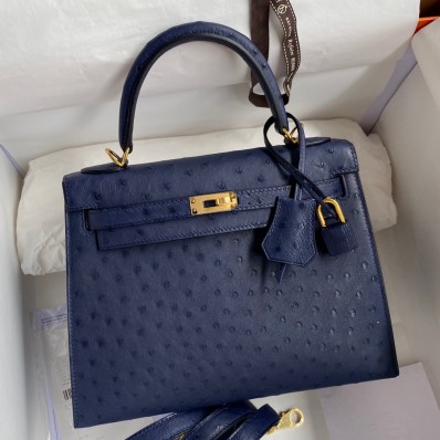 Replica Hermes Kelly Sellier 25 Handmade Bag In Blue Iris Ostrich Leather JM1755mQ18