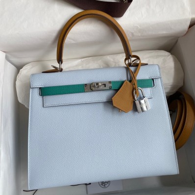 Replica Hermes Kelly Sellier 25 Tricolor Bag in Blue/Green/SesameEpsom Calfskin JM1875On56
