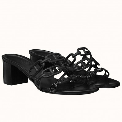 Replica Hermes Tandem Sandals In Black Lambskin JM385On56