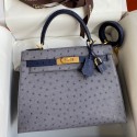 Fake Best Hermes Kelly Sellier 25 Bicolor Bag in Gris Agate and Blue Ostrich Leather JM603HE81