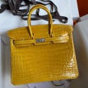 Hermes Birkin 25 Handmade Bag In Yellow Crocodile Niloticus Shiny Skin JM1522Sy67