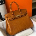 Hermes Birkin 25cm Bag In Gold Embossed Crocodile Leather JM934Yd28