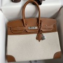 Hermes Birkin 35 Handmade Bag In Toile & Gold Swift Leather JM838uU16