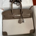 Hermes Birkin 35 Handmade Bag In Toile & Taupe Clemence Leather JM1494lu18