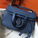 Hermes Halzan 31cm Bag In Blue Agate Clemence Leather JM1781pB23