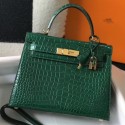 Hermes Kelly 25cm Handmade Bag In Green Embossed Crocodile Leather JM301yC28