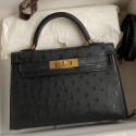 Hermes Kelly Mini II Sellier Handmade Bag In Black Ostrich Leather JM1564bM57
