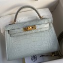 Hermes Kelly Mini II Sellier Handmade Bag In Blue Glacier Matte Alligator Leather JM1127iT17