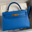 Hermes Kelly Mini II Sellier Handmade Bag In Blue Hydra Chevre Mysore Leather JM515KD87